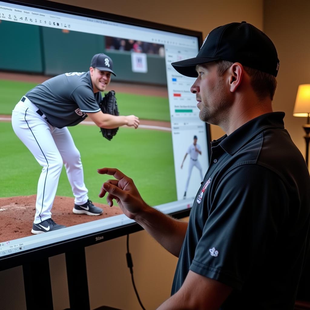 Chris Hostetler analyzing pitching mechanics using video and data