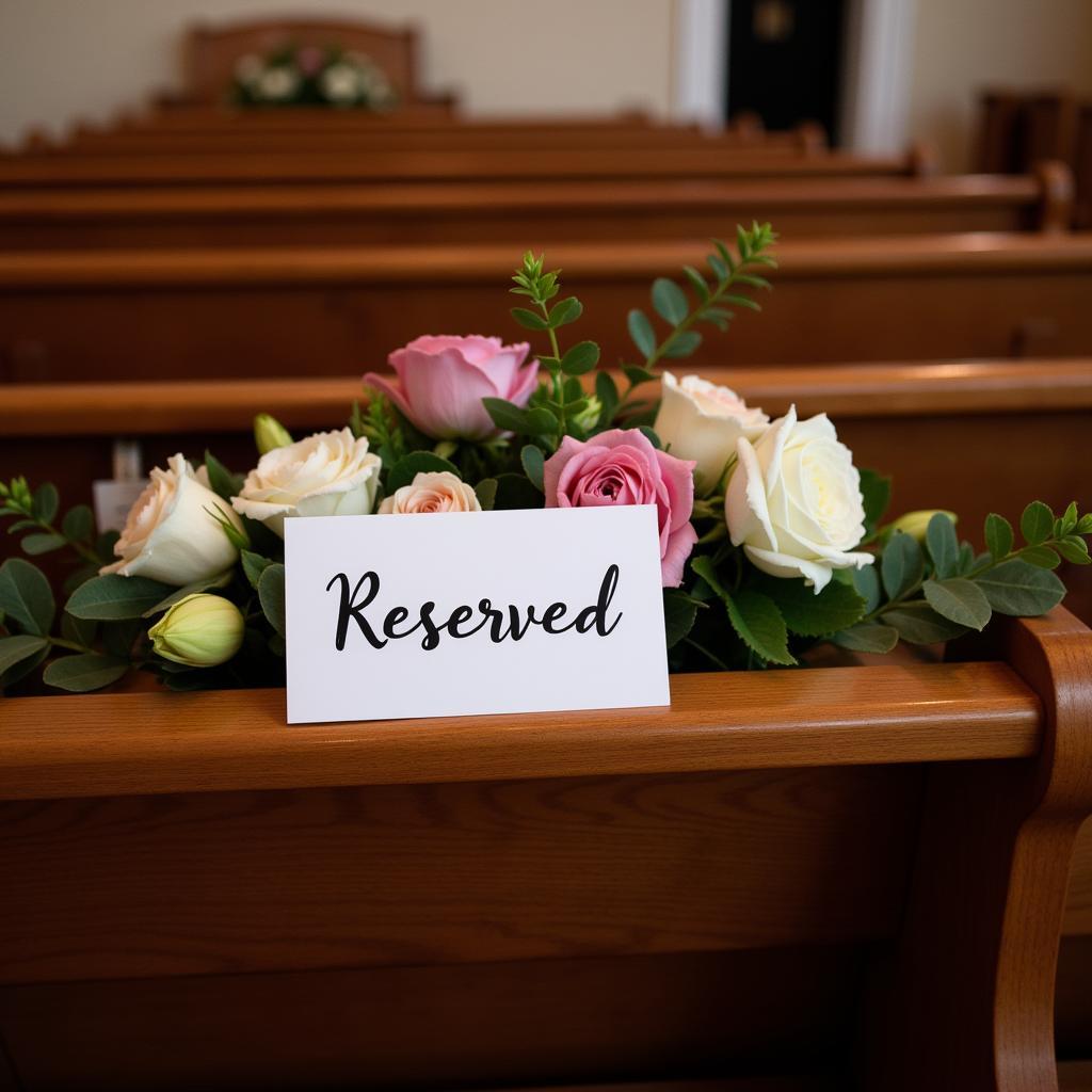 Church Pew with Reserved Sign and Flowers