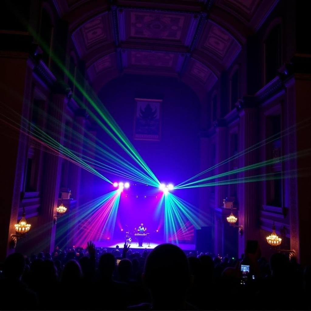 Vibrant laser beams illuminating the ornate interior of Music Hall during a captivating performance.