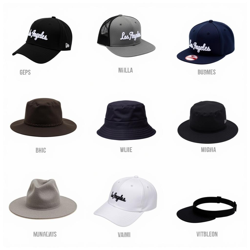 Different styles of city of Los Angeles hats