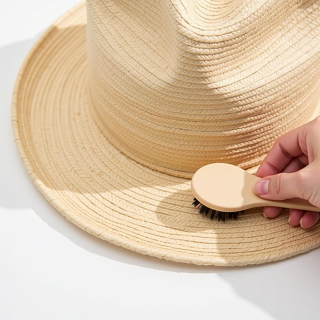 Cleaning a rays straw hat with a soft brush