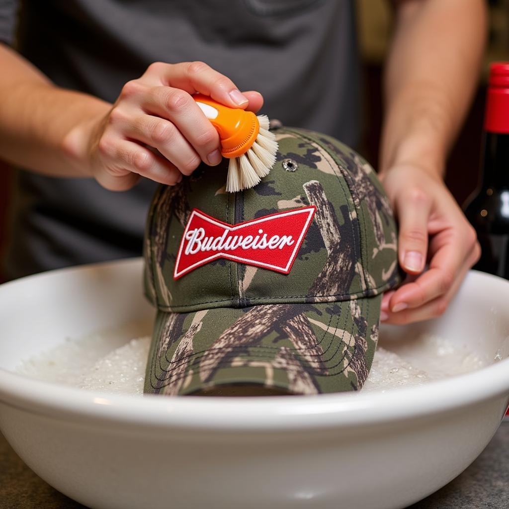 Cleaning a Budweiser Camo Hat