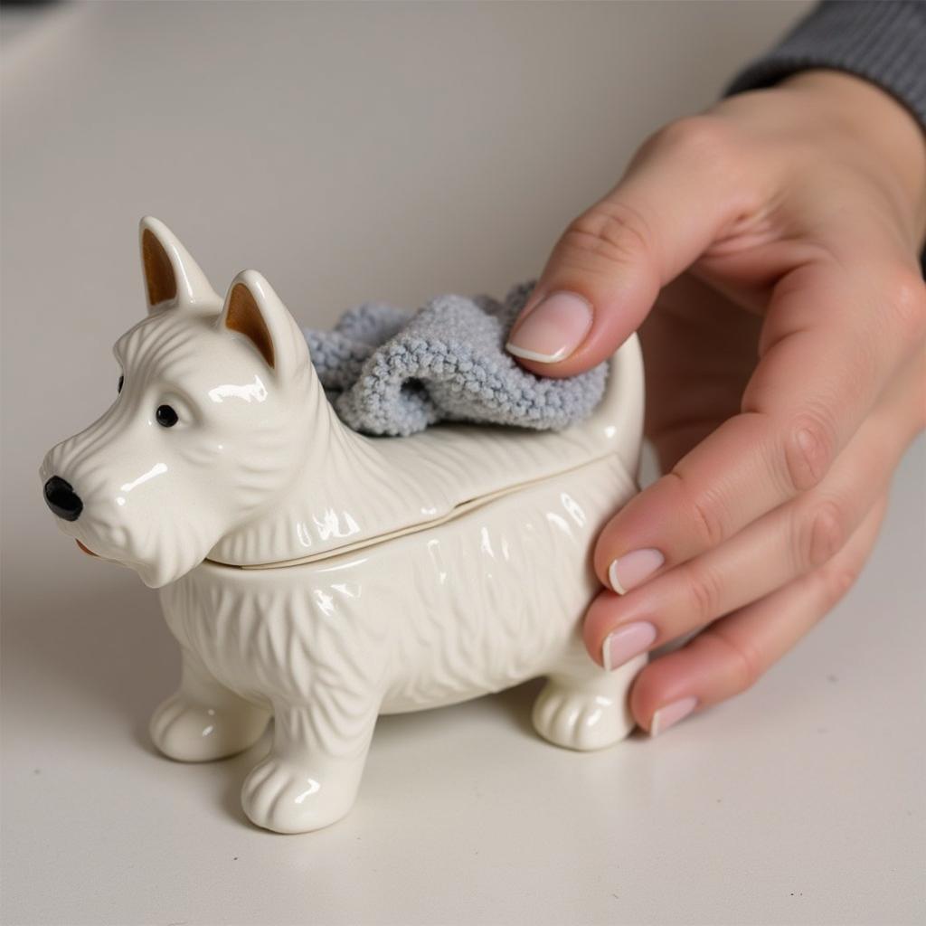 A person carefully cleaning a dog trinket box with a soft cloth.