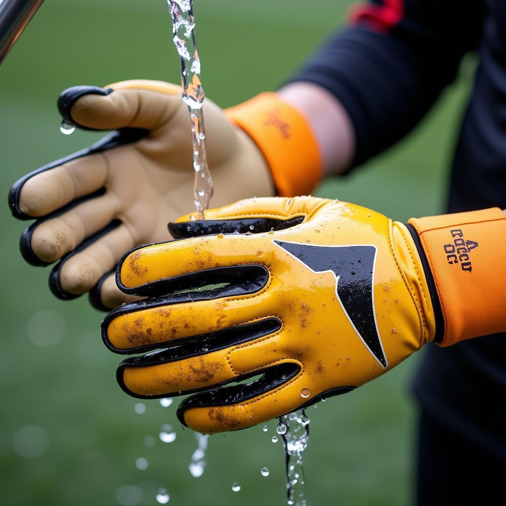 Cleaning goalkeeper gloves after a game, rinsing them with water.