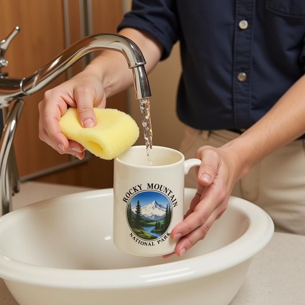 Properly cleaning a Rocky Mountain National Park mug.