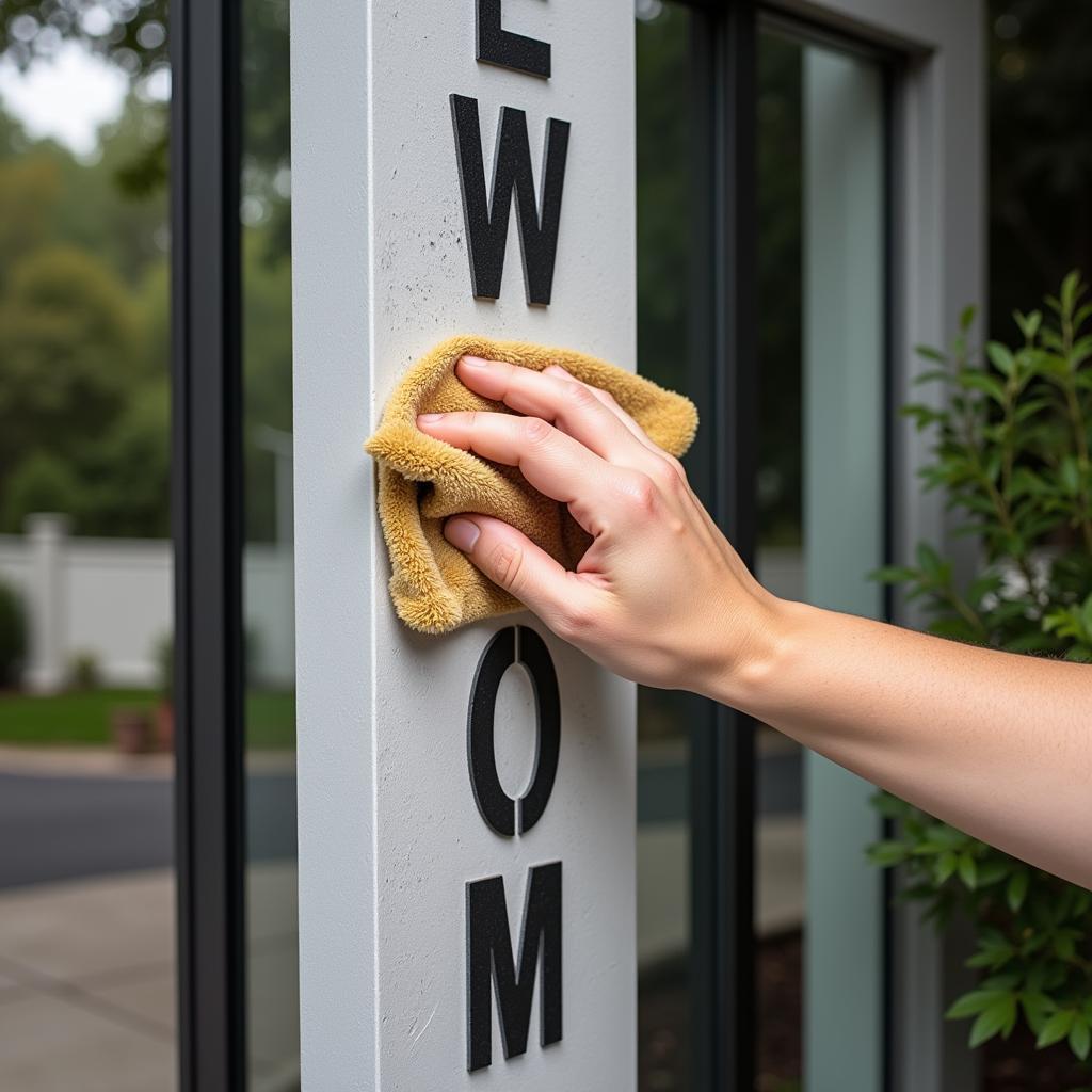 Cleaning a vertical metal welcome sign with a soft cloth to maintain its pristine appearance.