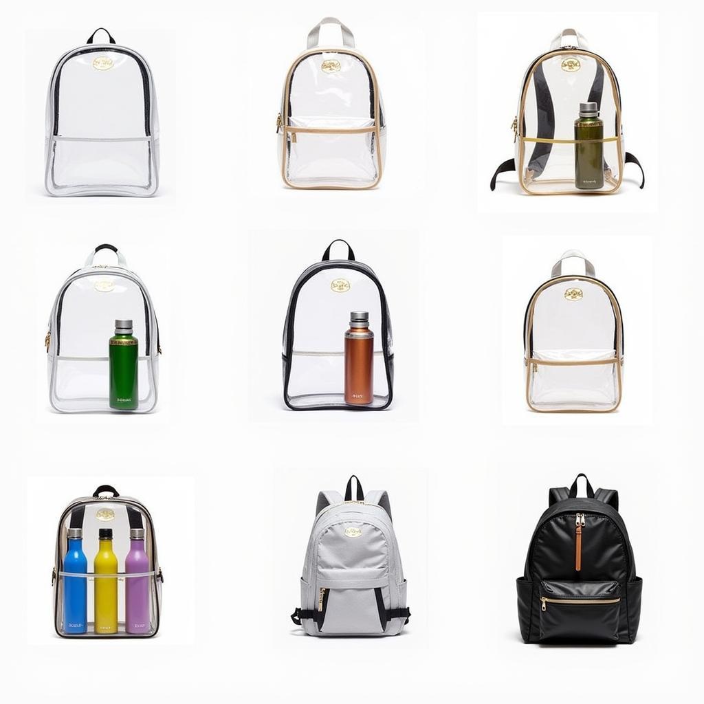 Clear backpacks with water bottle holders in various styles and sizes.