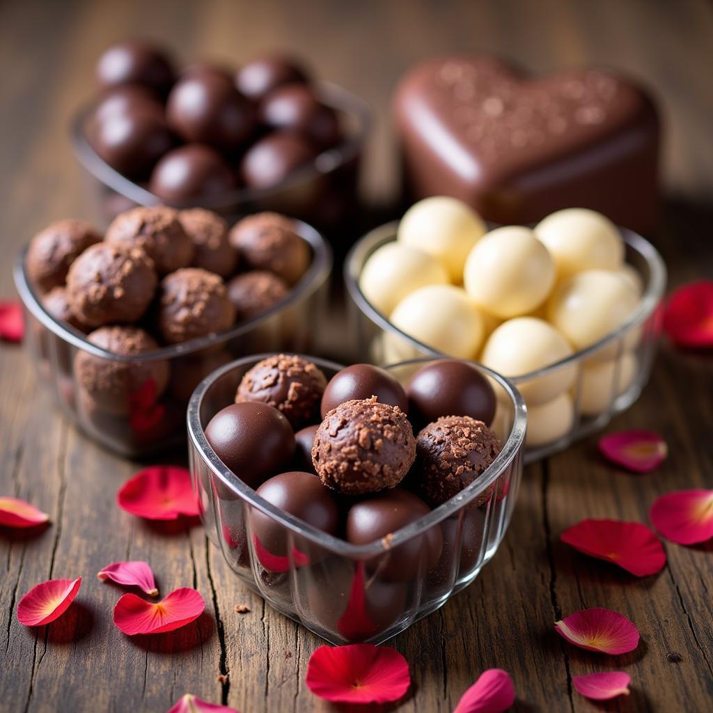 Clear heart shaped containers filled with assorted chocolates