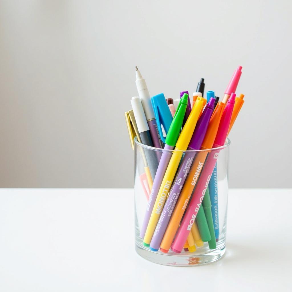 Clear pen holder filled with colorful pens and markers on a desk.