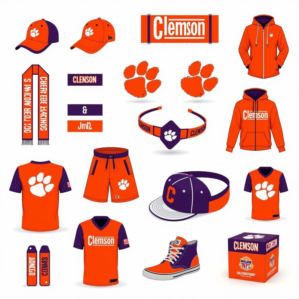 A display of Clemson fan gear, including hats, jerseys, and scarves