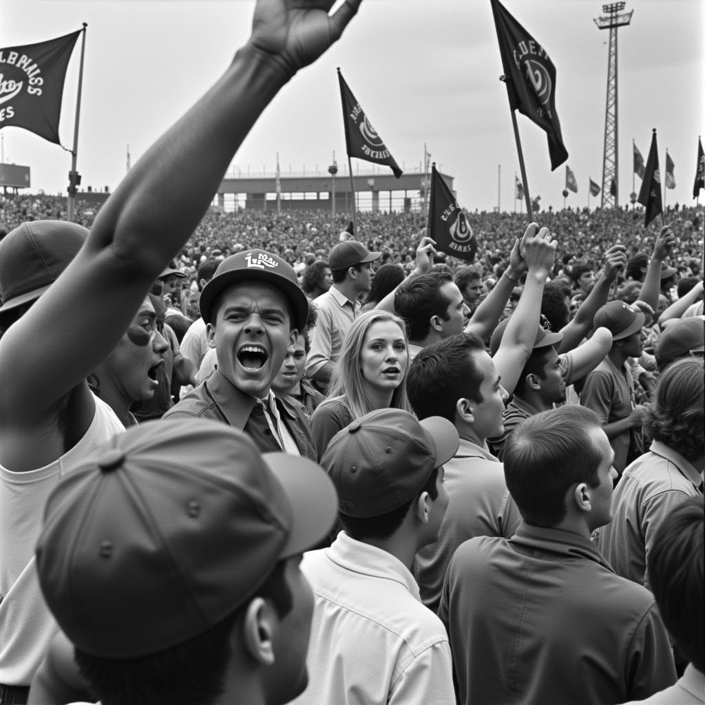 Fans celebrating the Cleveland Indians' 1948 World Series victory, many wearing the iconic hat