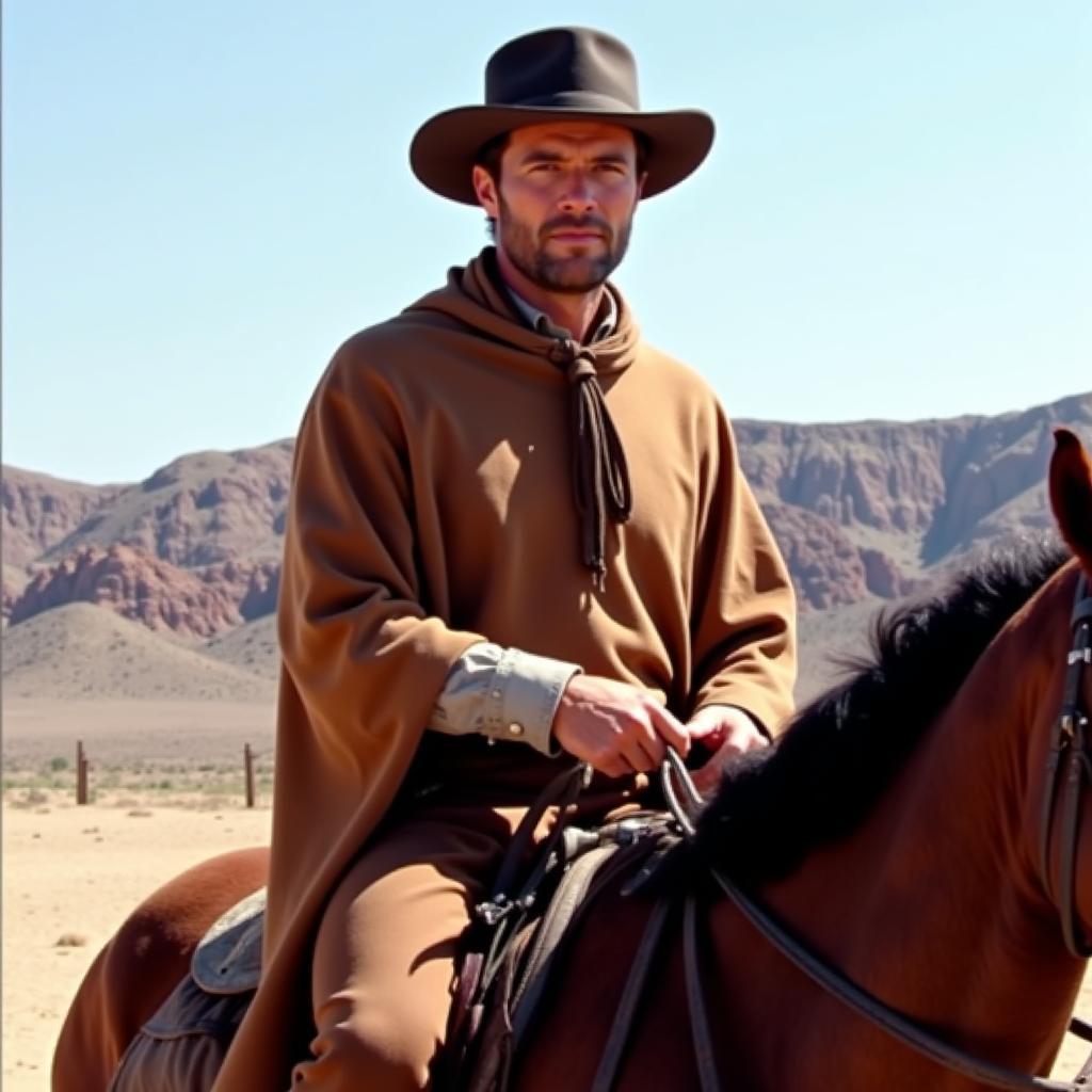 Clint Eastwood in a poncho in a classic Western film scene