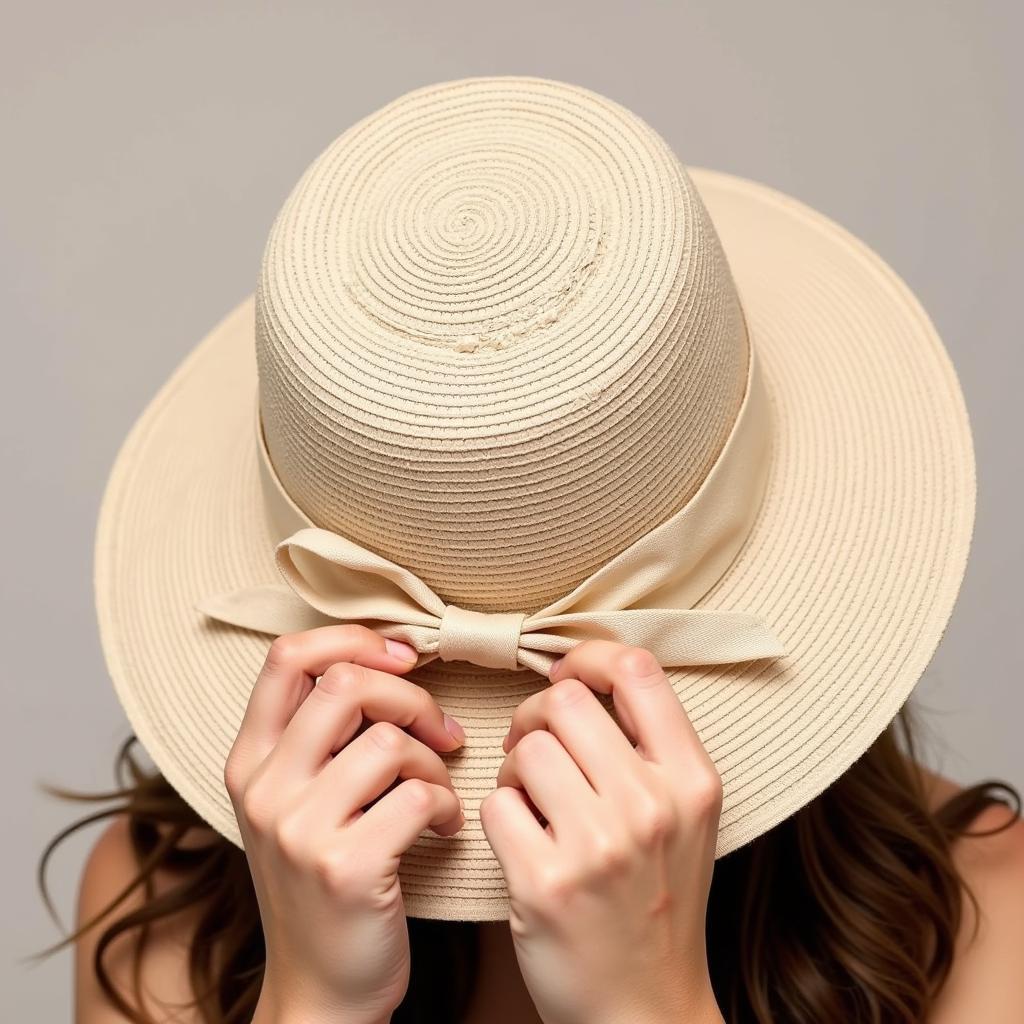 Close up of a Woman Adjusting Her Bow Straw Hat