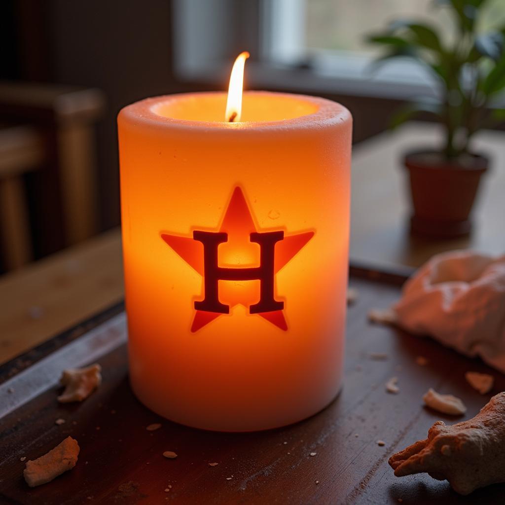 Close-up of Altuve candle with Astros logo