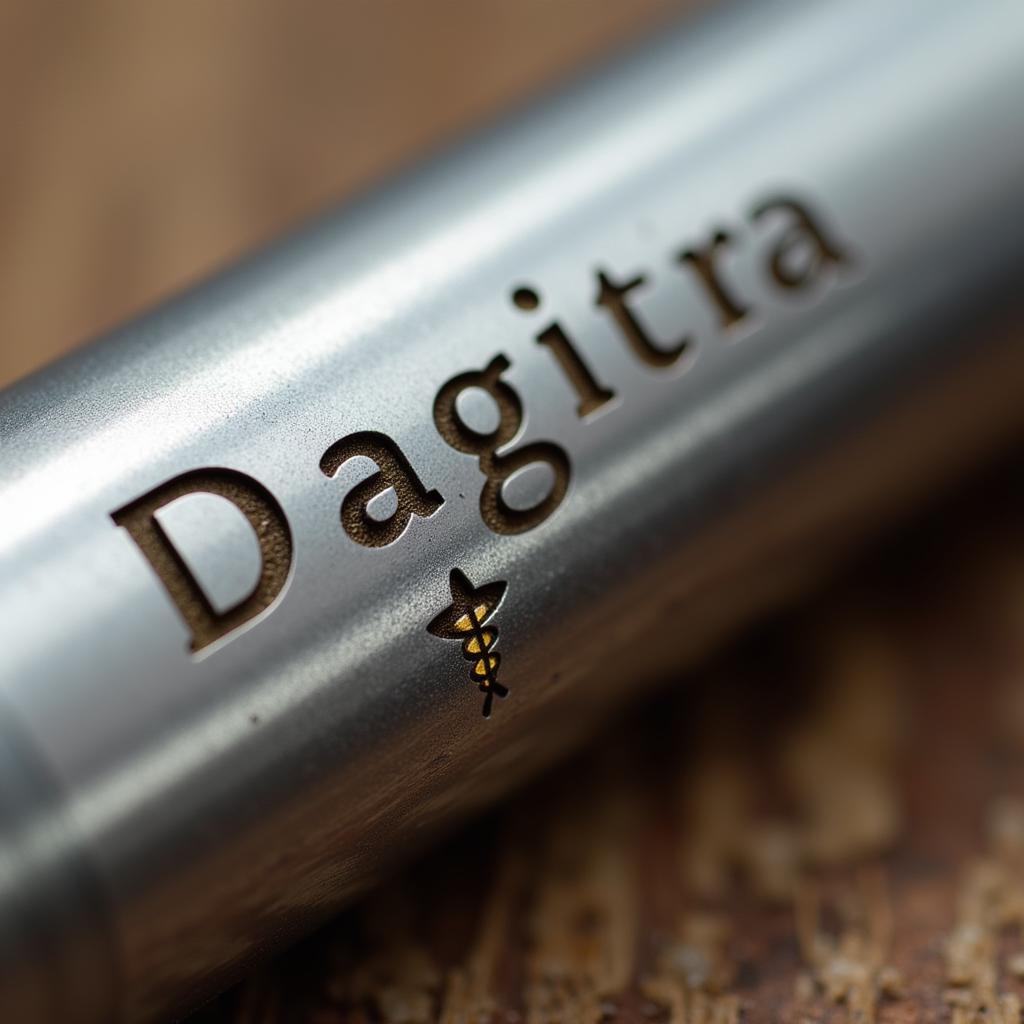 Close-up of a personalized engraving on a doctor's pen.