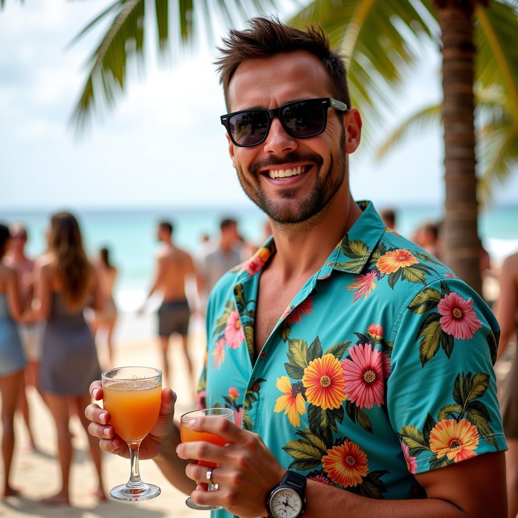 Man wearing a cocktail Hawaiian shirt at a beach party