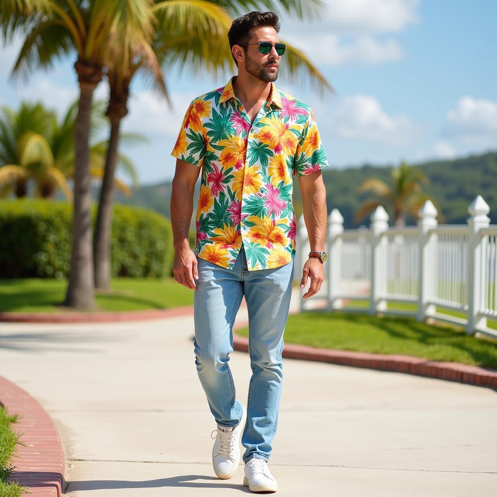 Man wearing a cocktail Hawaiian shirt with jeans and sneakers