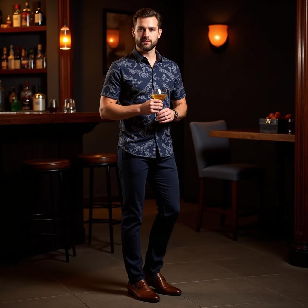 Man wearing a cocktail Hawaiian shirt with chinos and loafers for an evening look