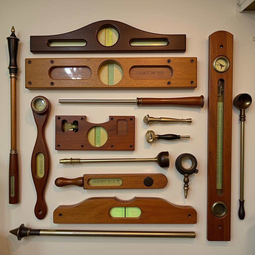 A diverse collection of American wood and brass levels displayed on a wall