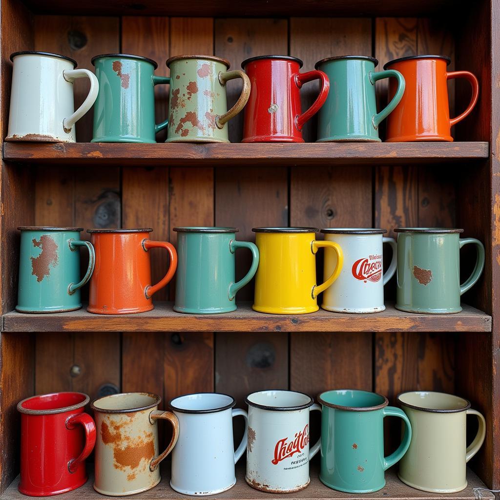 Collection of Vintage Enamel Mugs on Display