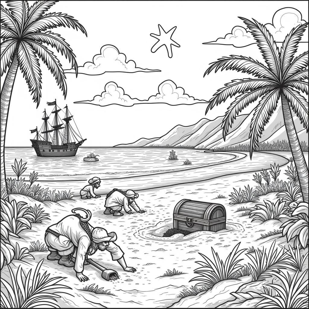 Pirate Treasure Island Coloring Page