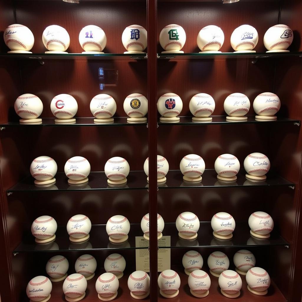 Commemorative baseballs displayed in a glass case