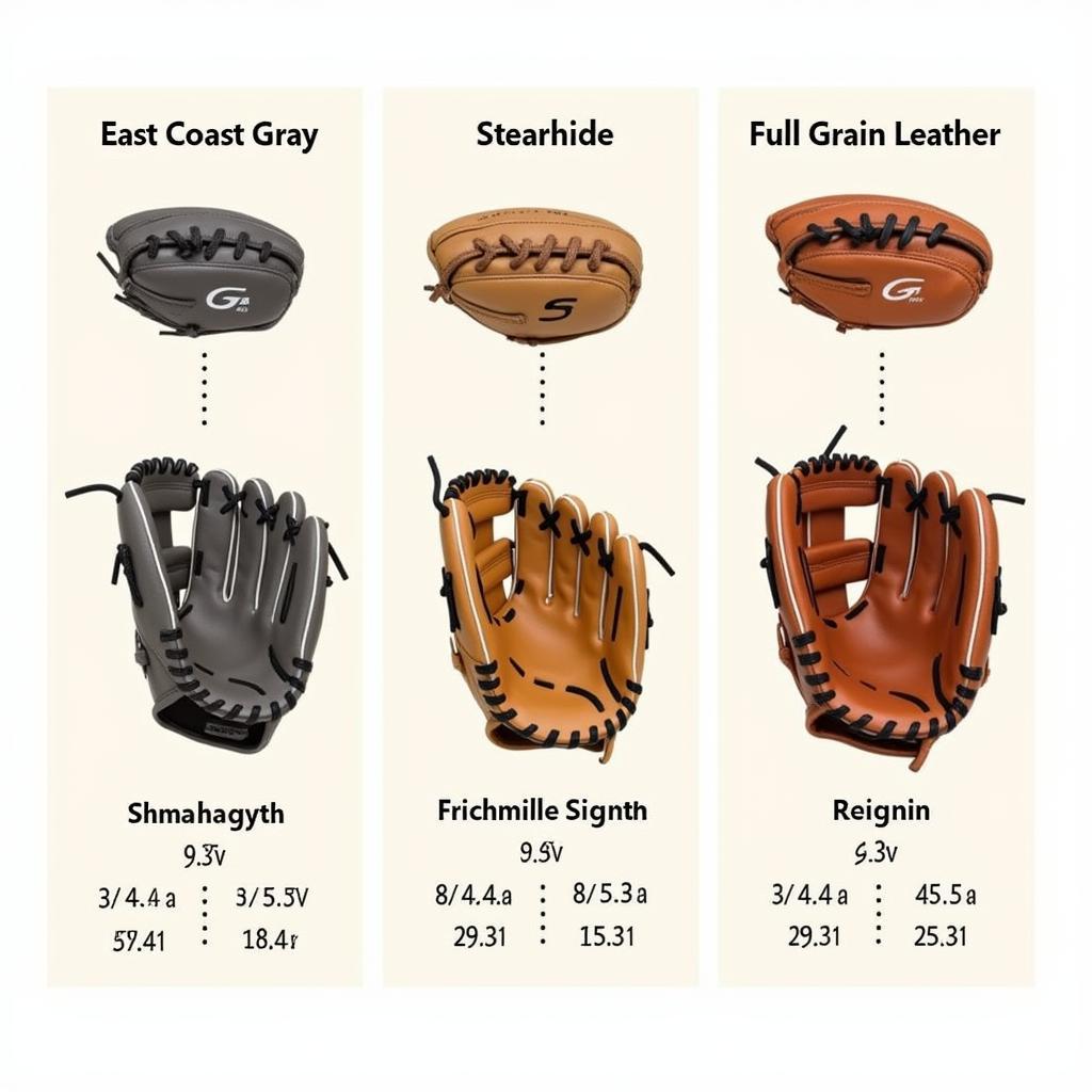 Side-by-side comparison of different baseball glove types, including East Coast Gray, steerhide, and full-grain leather