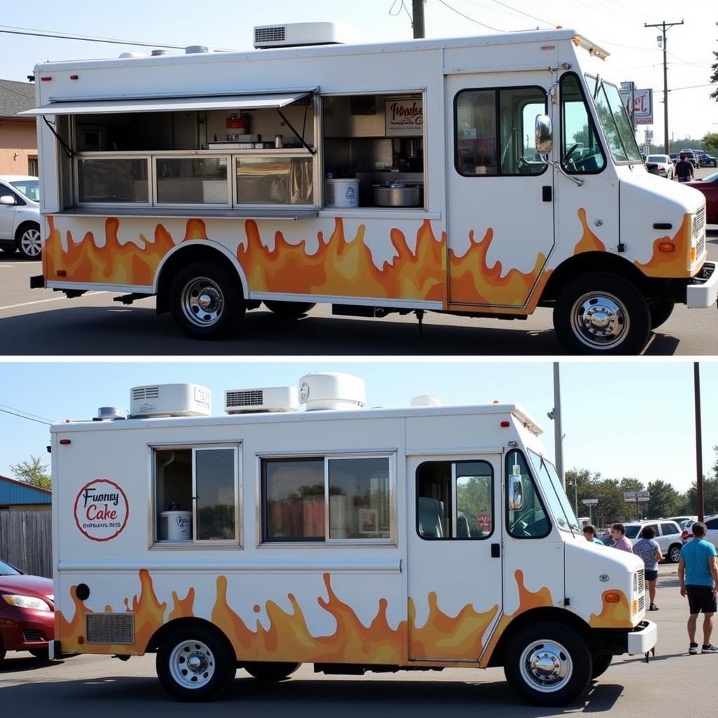 Side-by-side comparison of a new and used funnel cake truck for sale