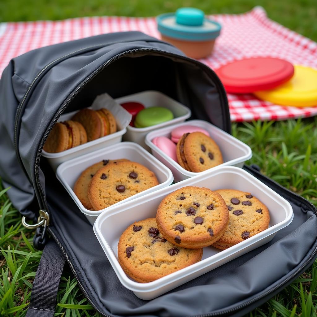 Cookies neatly packed in a backpack ready for a park picnic.