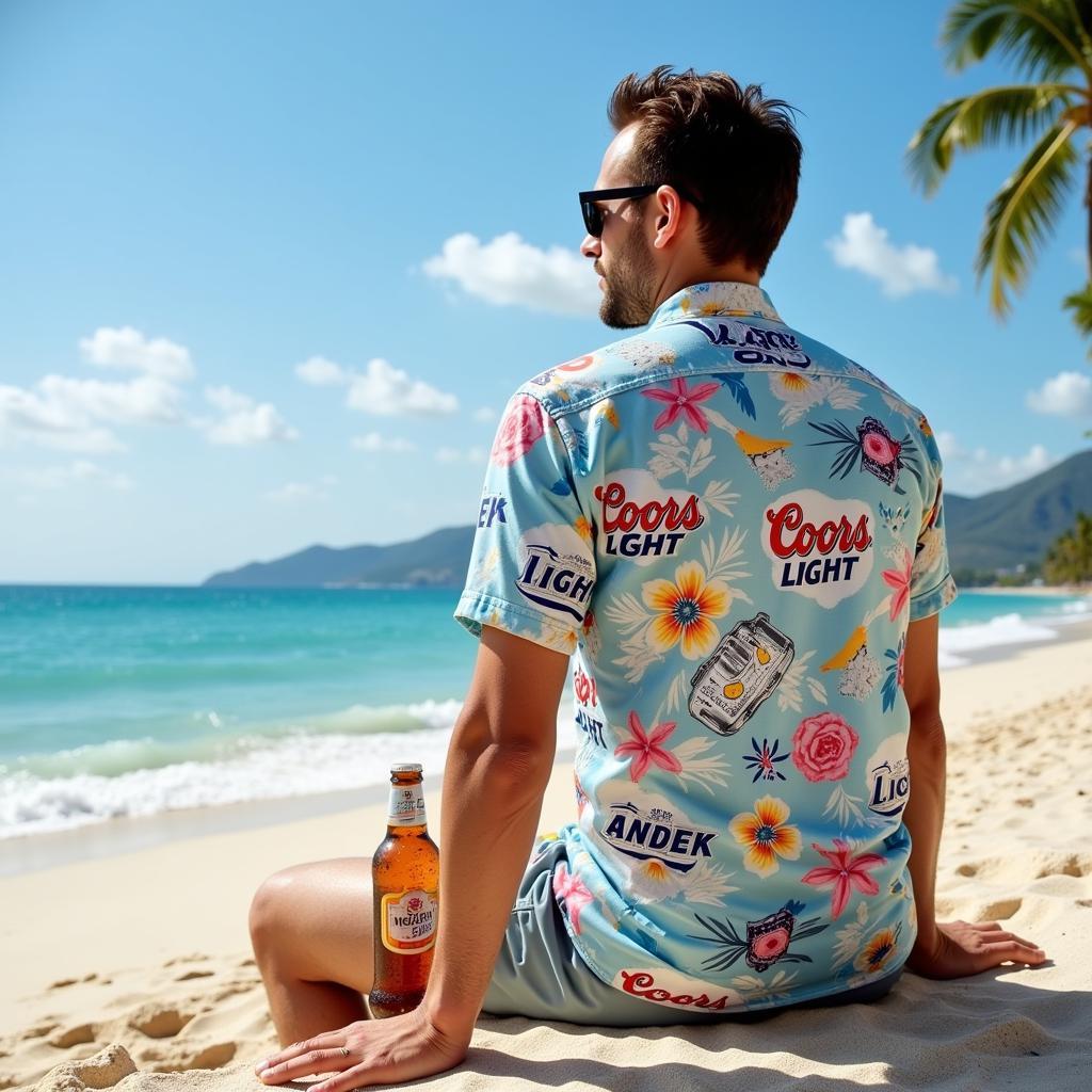 Man wearing a Coors Light Hawaiian shirt on the beach