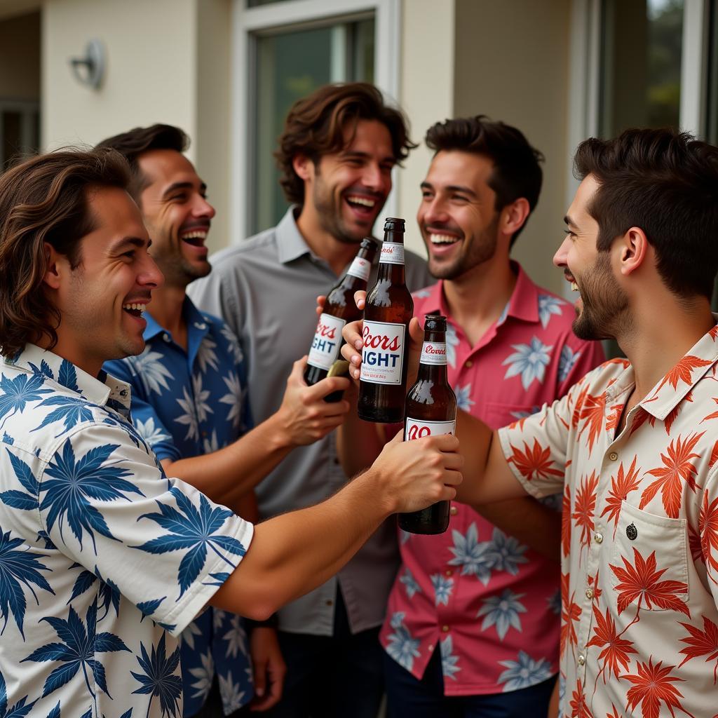 Friends wearing Coors Light Hawaiian shirts