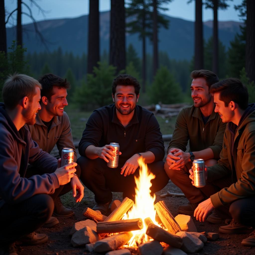 Group of Men Camping and Laughing, Drinking Coors Light