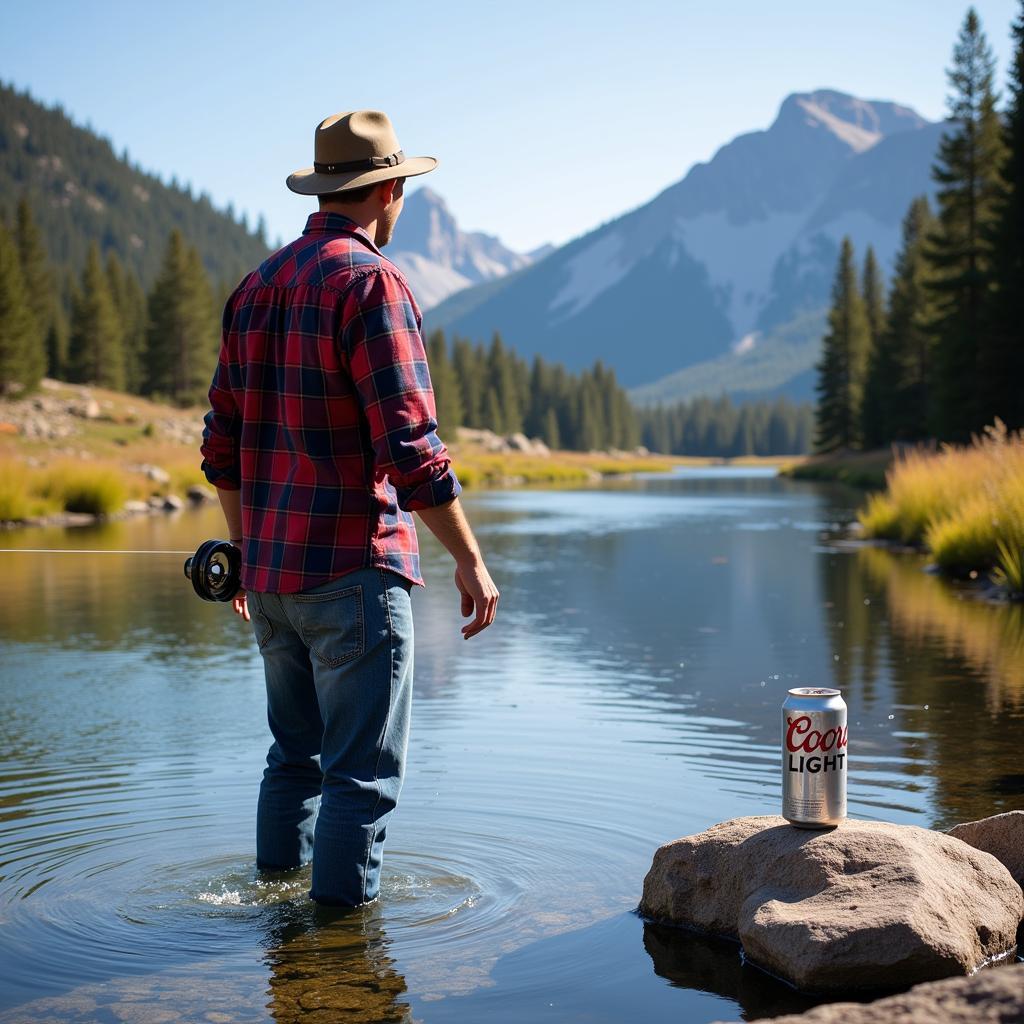 Coors Light Man Fishing in the Rocky Mountains