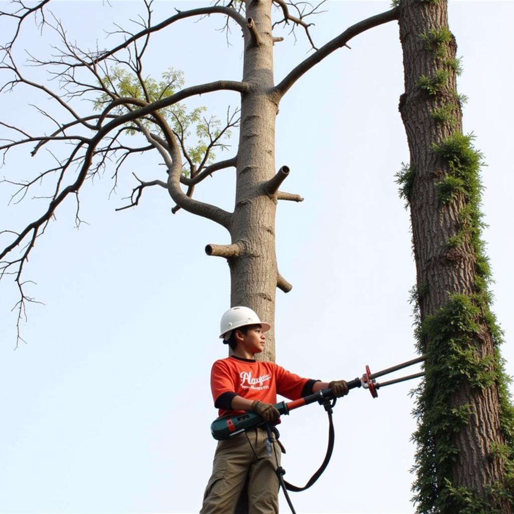 Cordless electric pole saw cutting a high branch on a tree