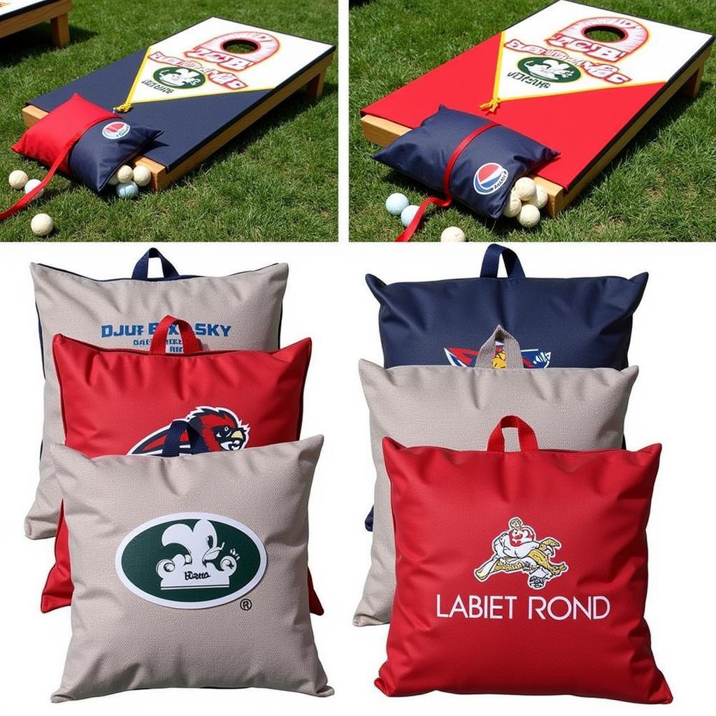 A set of 8 cornhole bags in different colors and designs.