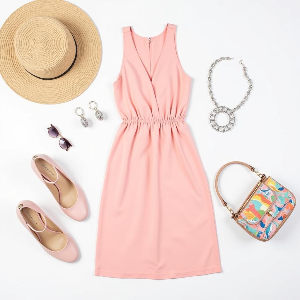 Cotton candy LA dress styled with various accessories, such as jewelry, shoes, and a handbag.