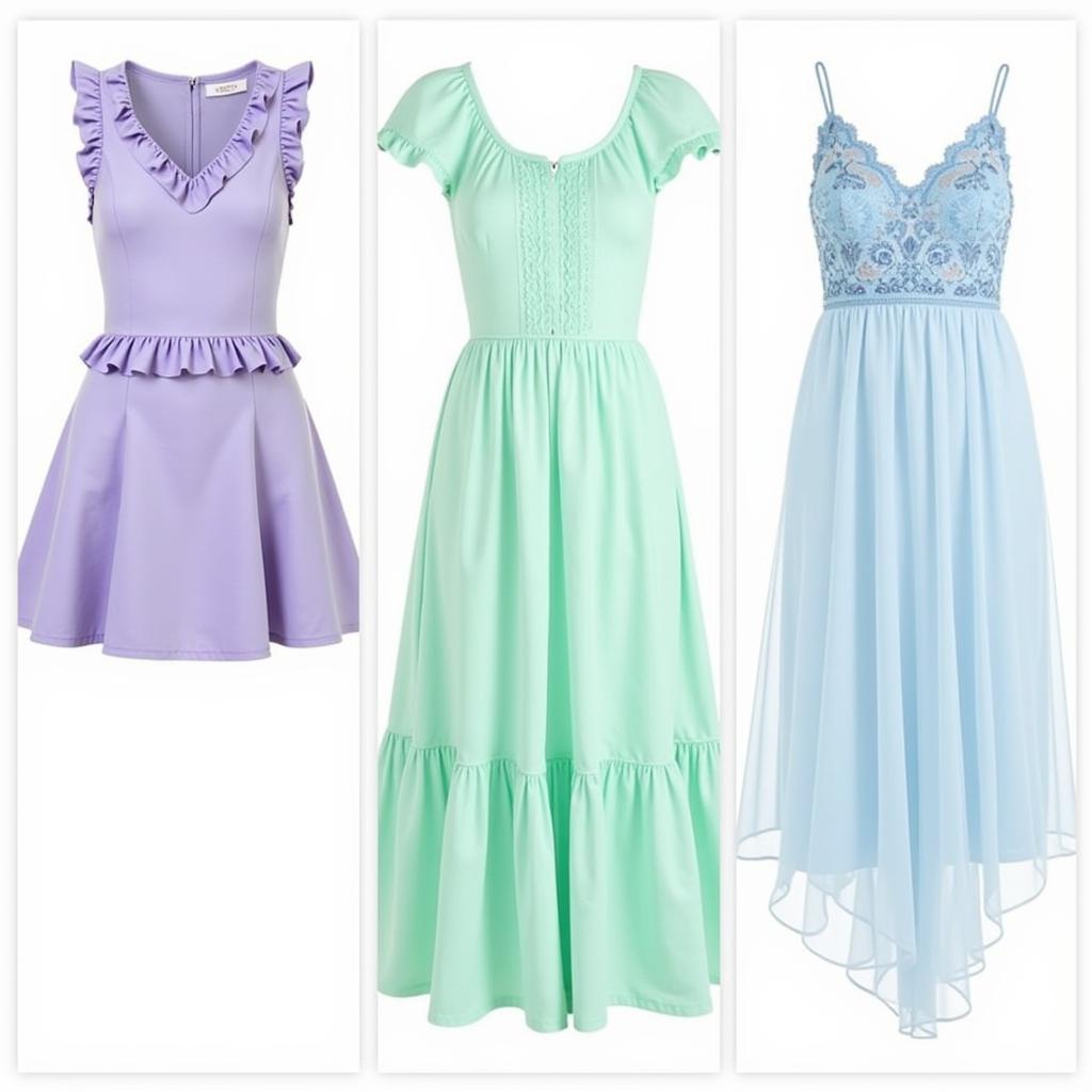 Different styles of cotton candy LA dresses, including a mini dress, a midi dress, and a maxi dress.