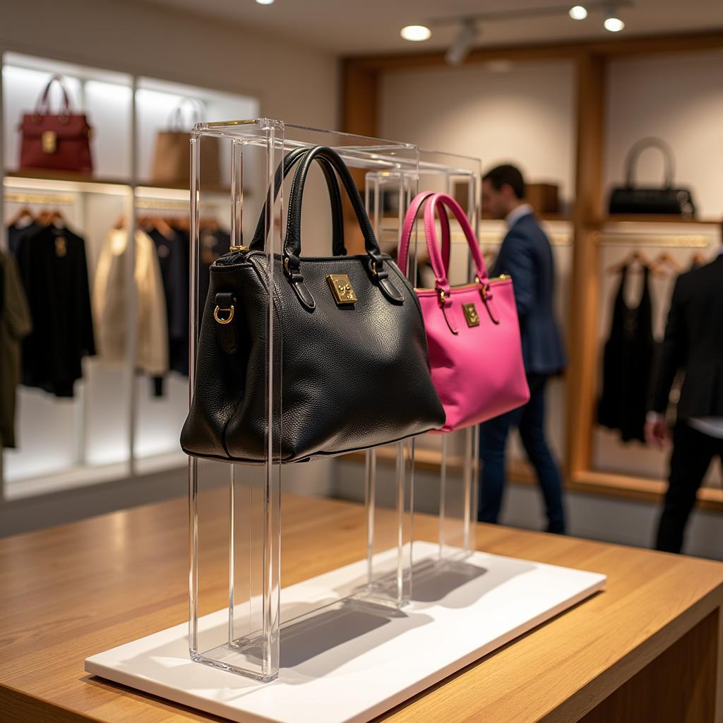 Countertop Handbag Display Rack Showcasing Featured Handbags