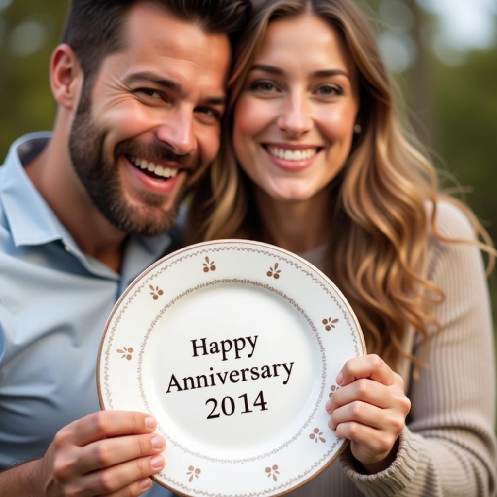 A happy couple holding a personalized happy anniversary plate, smiling at each other.