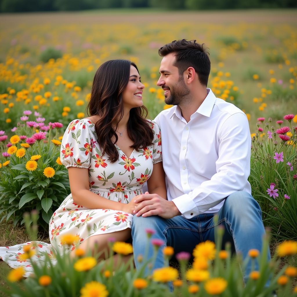 Couple Posing in Wildflower Meadow Engagement Photos