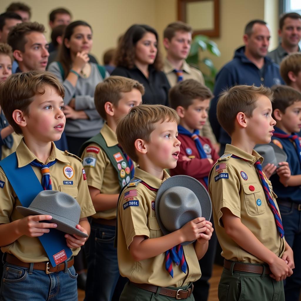 Cub Scouts Receiving Their Hats During a Ceremony