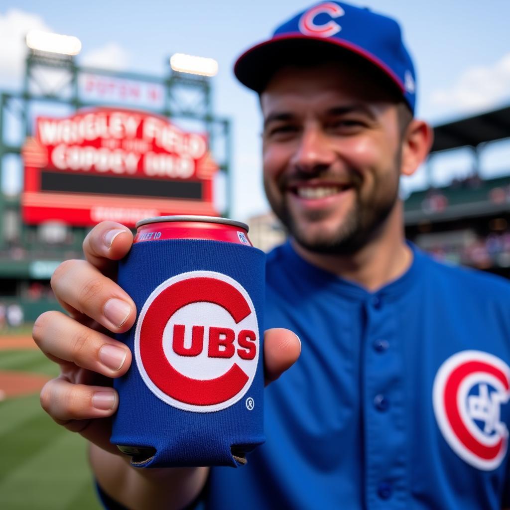 Cubs fan holding a can koozie with the Wrigley Field marquee in the background