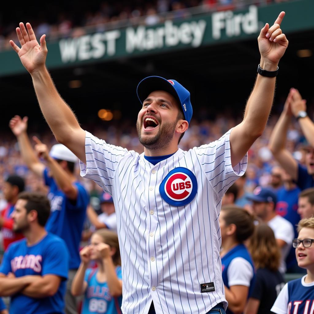 Cubs fan wearing a jersey at Wrigley Field