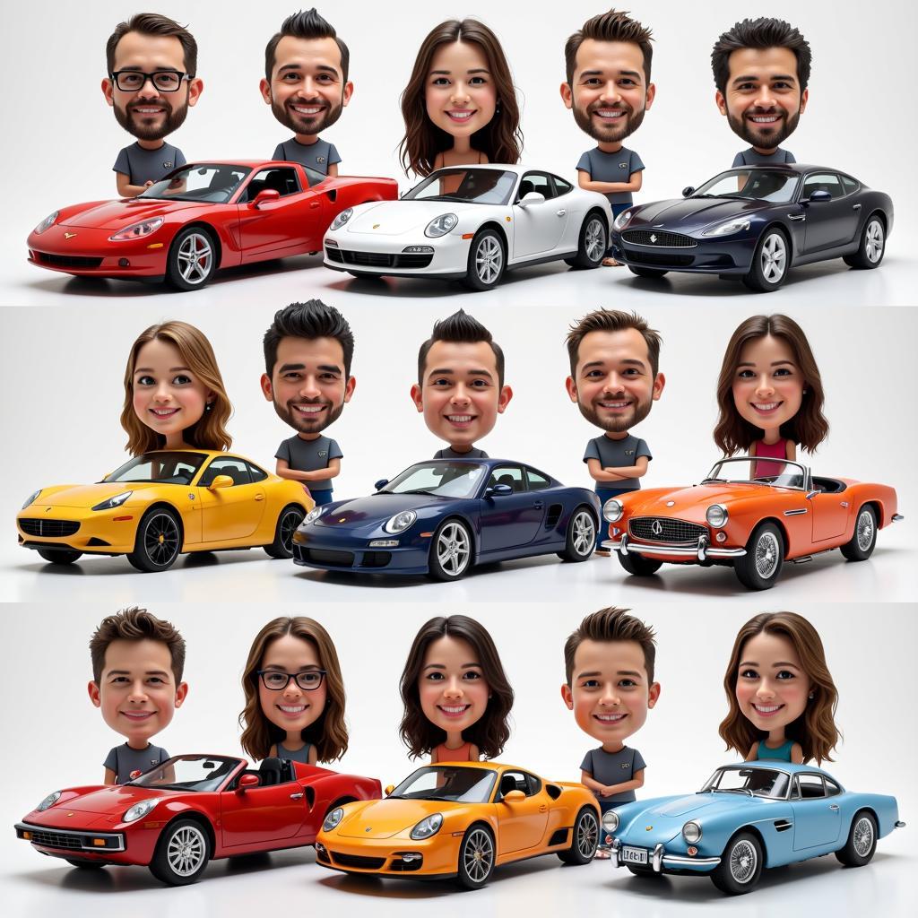 A collection of custom-designed car bobbleheads featuring various makes and models, showcasing the level of detail and personalization available.