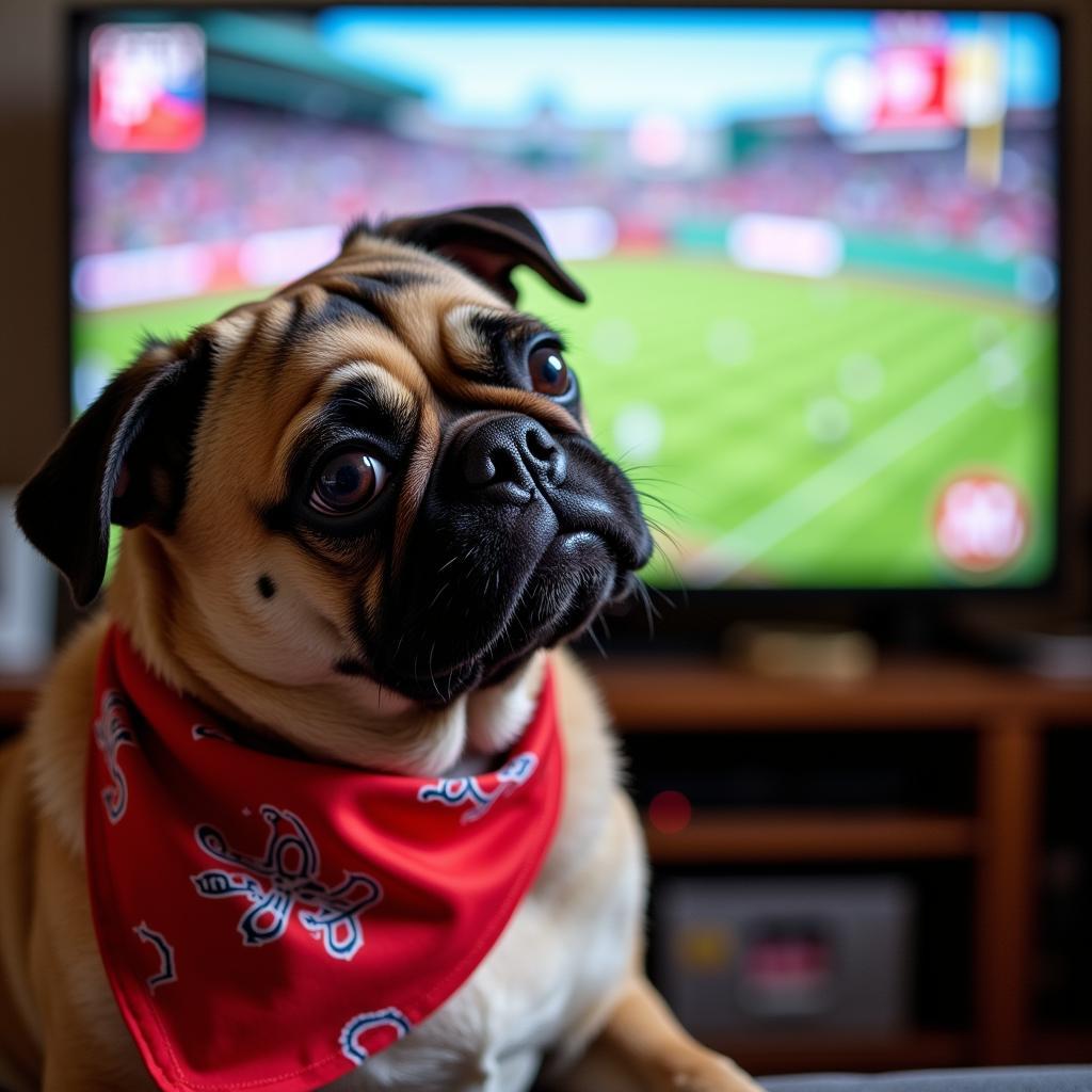 Pug wearing Red Sox Bandana Watching Game