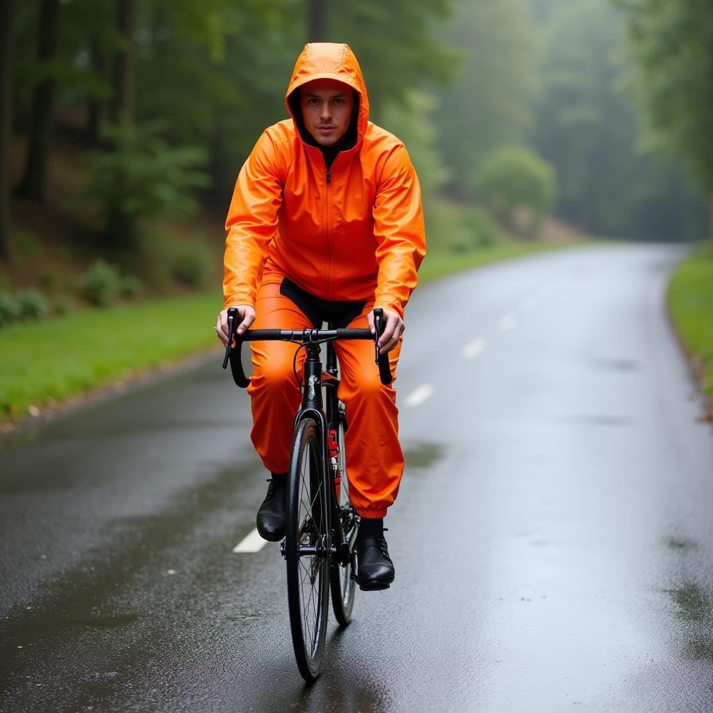 Cyclist wearing a high-visibility rain suit cycling on a wet road.