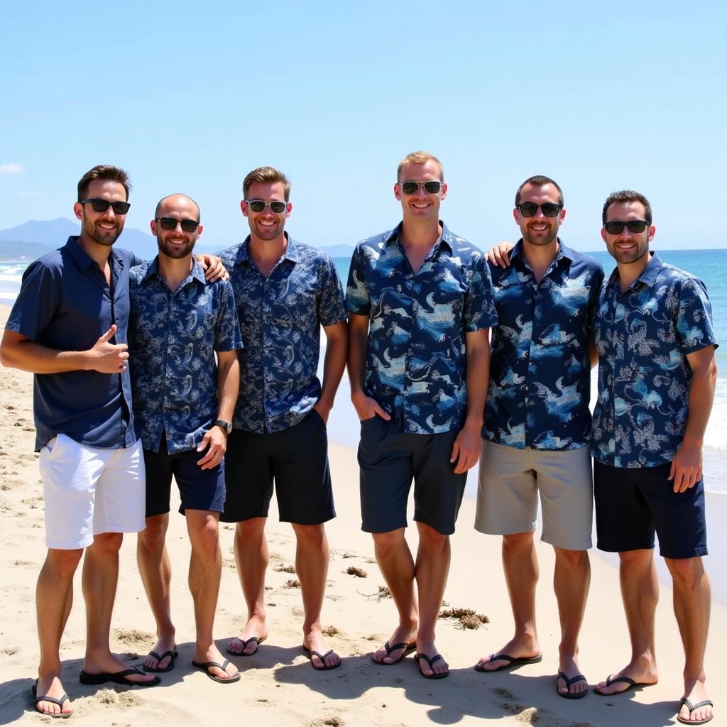 Men wearing dark blue Hawaiian shirts on the beach