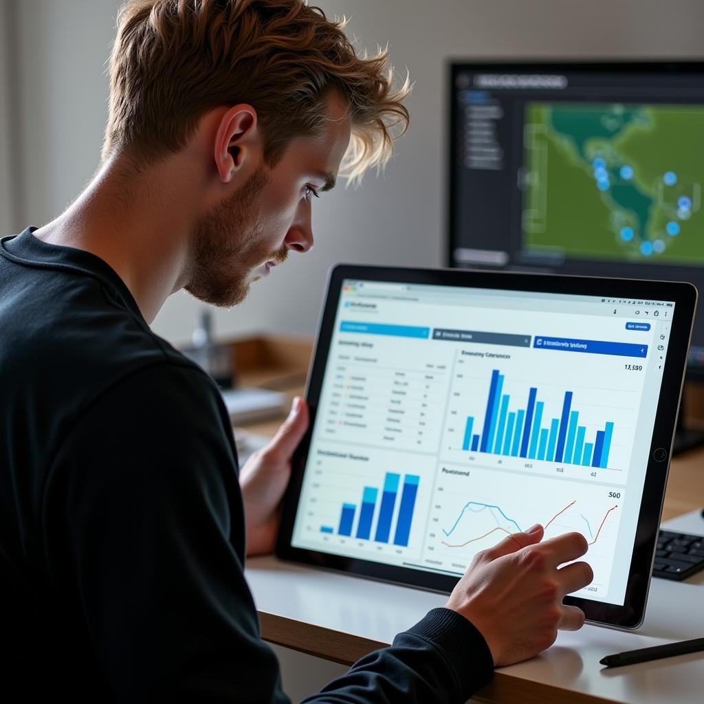 Data-Driven Football Analysis: Frenkie de Jong reviewing performance metrics on a tablet