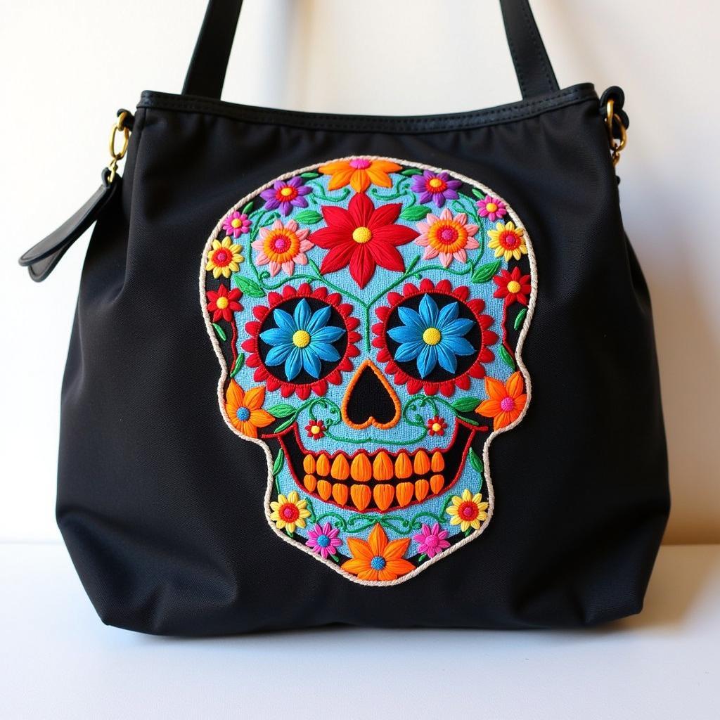 Embroidered Day of the Dead Handbag with Sugar Skull Design