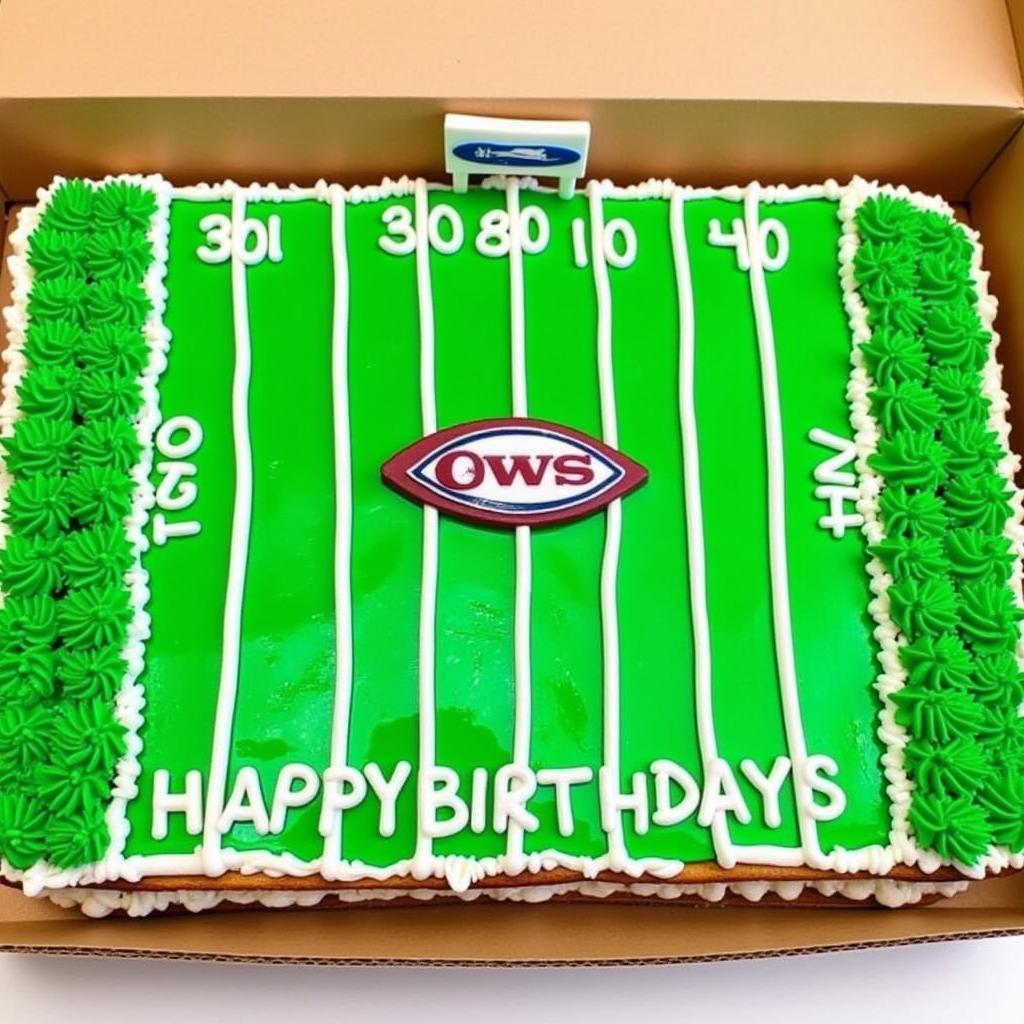 Decorated Football Field Cookie Cake: Cookie cake decorated with white yard lines, green end zones, and personalized details like team logos and a birthday message.